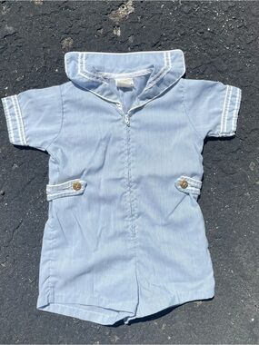 Vintage Little Bitty Light Blue Sailor-Style Baby Romper